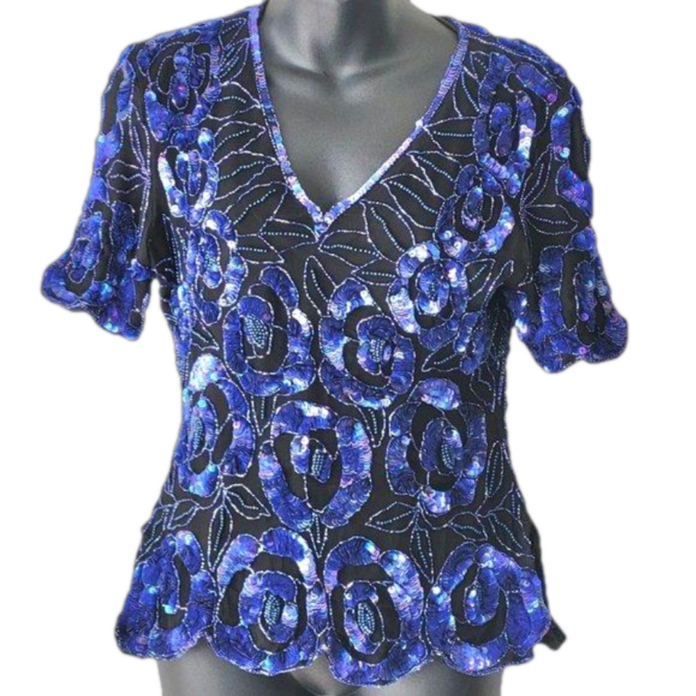 Vintage 1970s Iridescent/Opalescent Bluish Purple Bead Sequin Evening Top, Sz M